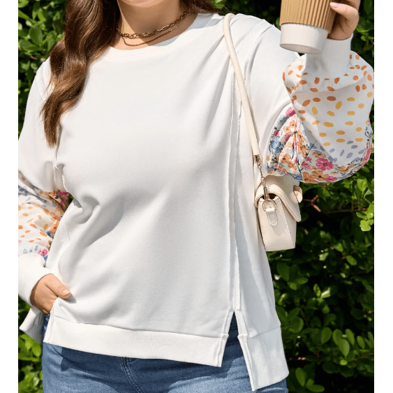 Clarisse White Plus Size Exposed Seam Detail Contrast Dot Floral Patchwork Sleeve Sweatshirt