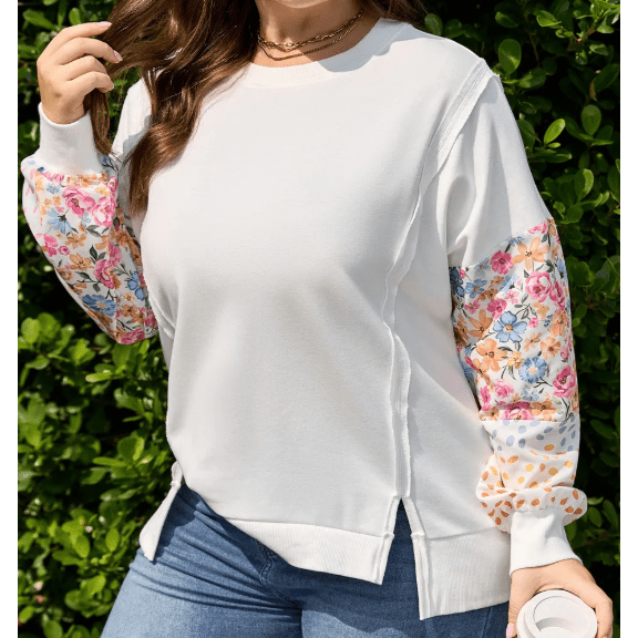 Clarisse White Plus Size Exposed Seam Detail Contrast Dot Floral Patchwork Sleeve Sweatshirt