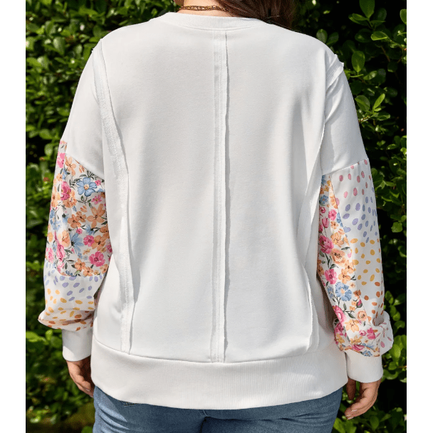 Clarisse White Plus Size Exposed Seam Detail Contrast Dot Floral Patchwork Sleeve Sweatshirt