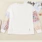 Clarisse White Plus Size Exposed Seam Detail Contrast Dot Floral Patchwork Sleeve Sweatshirt