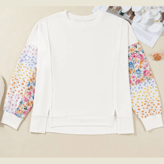 Clarisse White Plus Size Exposed Seam Detail Contrast Dot Floral Patchwork Sleeve Sweatshirt