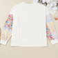 Clarisse White Plus Size Exposed Seam Detail Contrast Dot Floral Patchwork Sleeve Sweatshirt