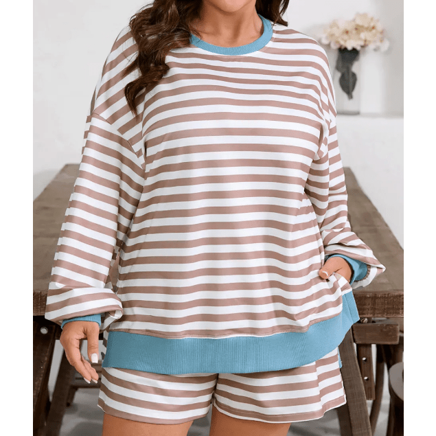 Dorinda Khaki Stripe Contrast Edge Drop Shoulder Pullover and Shorts Plus Size Set