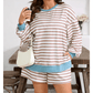 Dorinda Khaki Stripe Contrast Edge Drop Shoulder Pullover and Shorts Plus Size Set