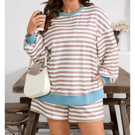 Dorinda Khaki Stripe Contrast Edge Drop Shoulder Pullover and Shorts Plus Size Set