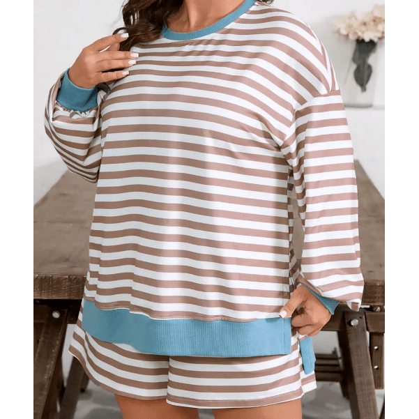 Dorinda Khaki Stripe Contrast Edge Drop Shoulder Pullover and Shorts Plus Size Set