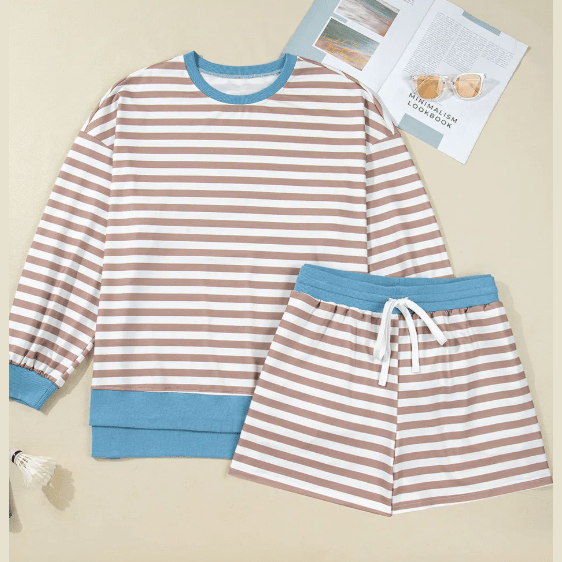 Dorinda Khaki Stripe Contrast Edge Drop Shoulder Pullover and Shorts Plus Size Set