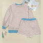 Dorinda Khaki Stripe Contrast Edge Drop Shoulder Pullover and Shorts Plus Size Set