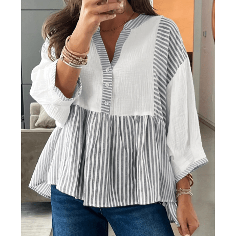 Mara Stripe Half Button Gauze Patchwork Bracelet Sleeve Babydoll Blouse