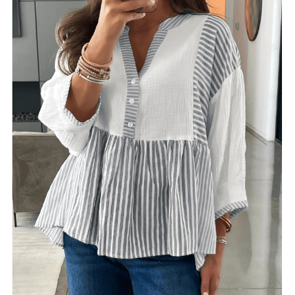 Mara Stripe Half Button Gauze Patchwork Bracelet Sleeve Babydoll Blouse