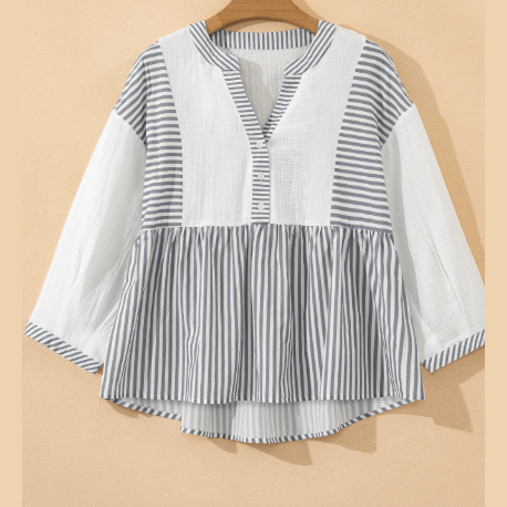 Mara Stripe Half Button Gauze Patchwork Bracelet Sleeve Babydoll Blouse