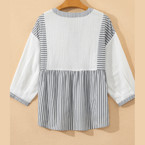 Mara Stripe Half Button Gauze Patchwork Bracelet Sleeve Babydoll Blouse