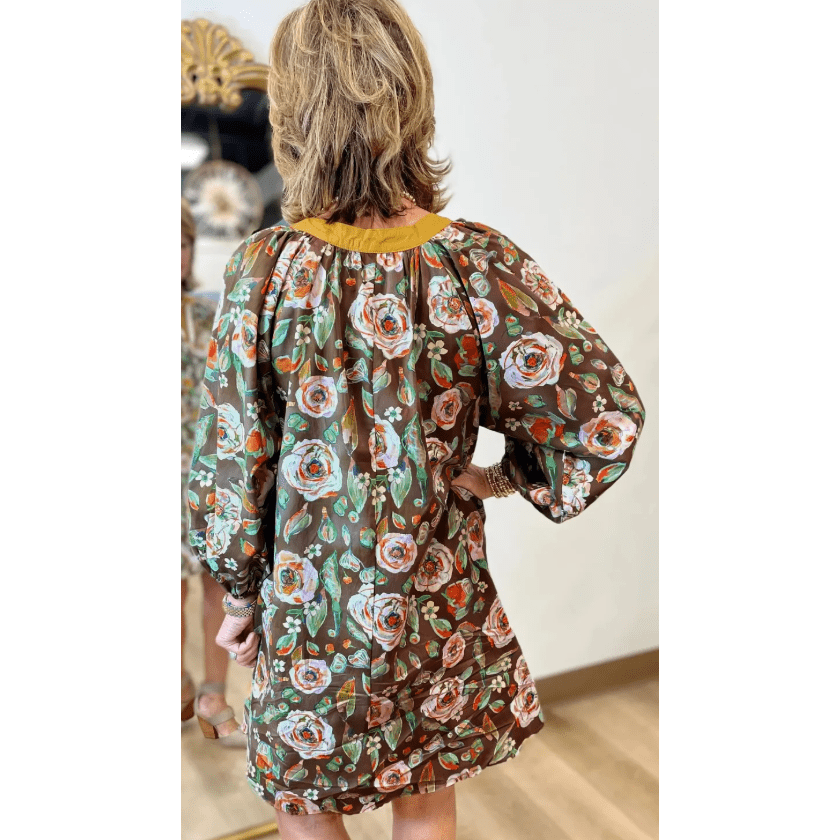 RTS Floral Print Contrast Trim V Neck Pocketed Long Sleeve Mini Dress