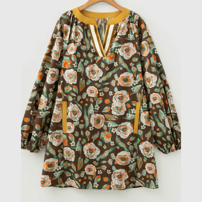 RTS Floral Print Contrast Trim V Neck Pocketed Long Sleeve Mini Dress