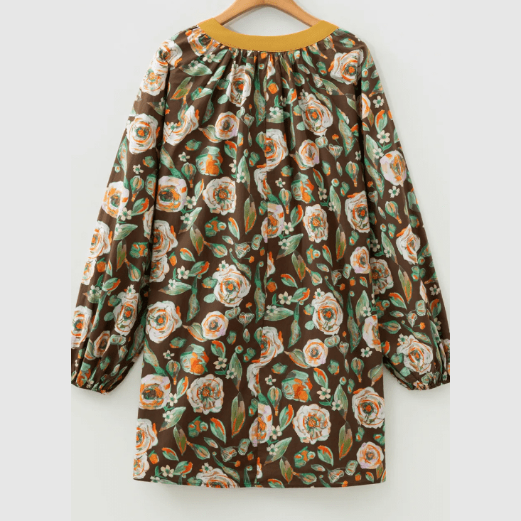 RTS Floral Print Contrast Trim V Neck Pocketed Long Sleeve Mini Dress