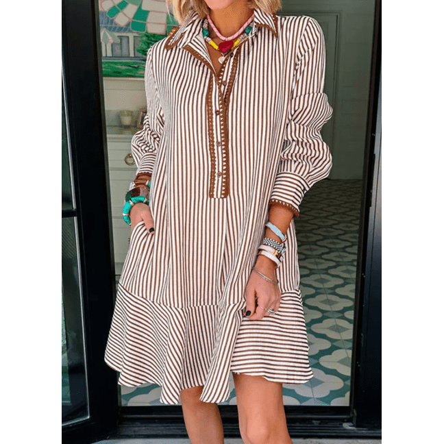 RTS Khaki Stripe Shirt Collar Embroidered Trim Ruffle Hem Long Sleeve Mini Dress