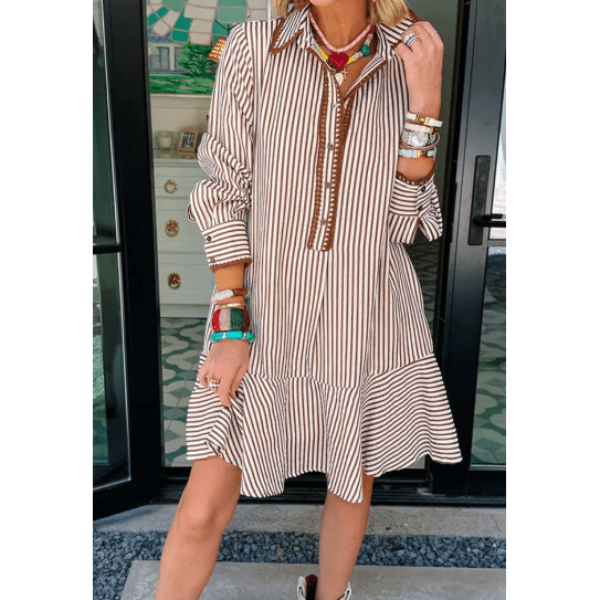 RTS Khaki Stripe Shirt Collar Embroidered Trim Ruffle Hem Long Sleeve Mini Dress