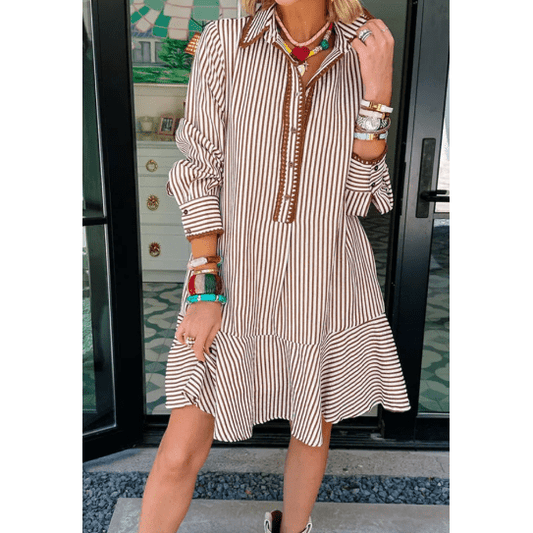 RTS Khaki Stripe Shirt Collar Embroidered Trim Ruffle Hem Long Sleeve Mini Dress