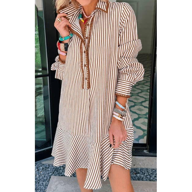 RTS Khaki Stripe Shirt Collar Embroidered Trim Ruffle Hem Long Sleeve Mini Dress