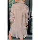RTS Khaki Stripe Shirt Collar Embroidered Trim Ruffle Hem Long Sleeve Mini Dress