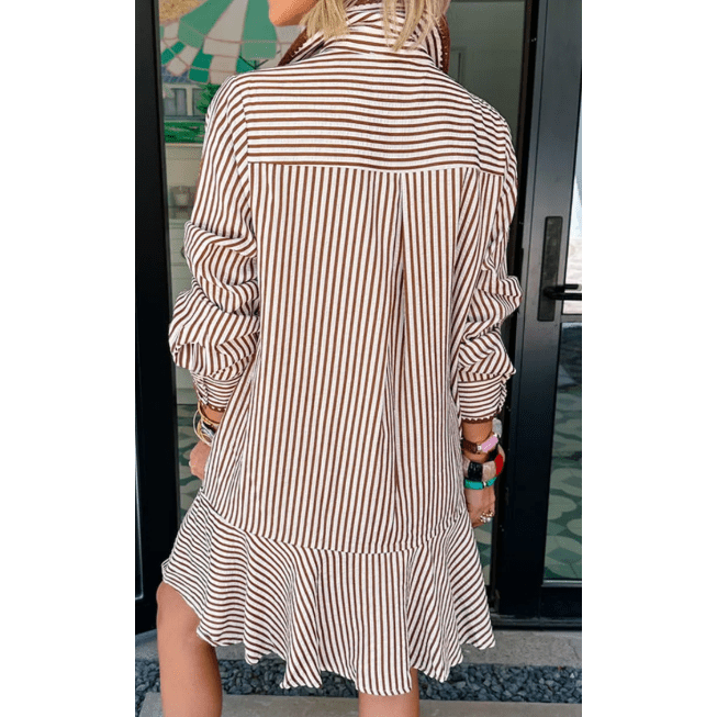 RTS Khaki Stripe Shirt Collar Embroidered Trim Ruffle Hem Long Sleeve Mini Dress