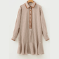 RTS Khaki Stripe Shirt Collar Embroidered Trim Ruffle Hem Long Sleeve Mini Dress