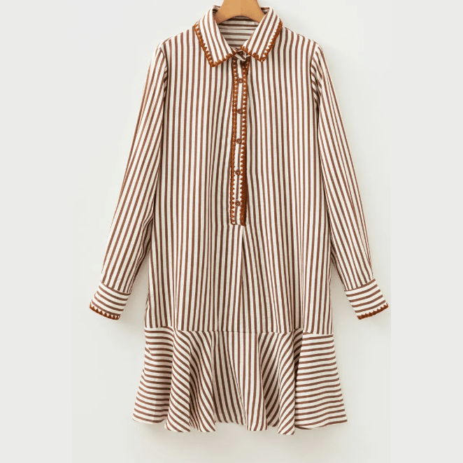 RTS Khaki Stripe Shirt Collar Embroidered Trim Ruffle Hem Long Sleeve Mini Dress