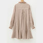 RTS Khaki Stripe Shirt Collar Embroidered Trim Ruffle Hem Long Sleeve Mini Dress