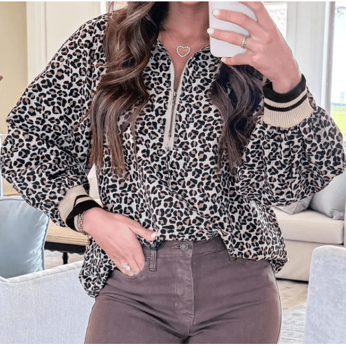 Danielle Khaki Leopard Print Half Zip Up Blouse