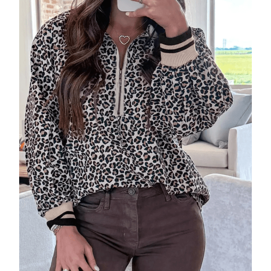 Danielle Khaki Leopard Print Half Zip Up Blouse