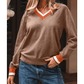 Maxen Brown Contrast Striped Trim V Neck Drop Shoulder Sweater