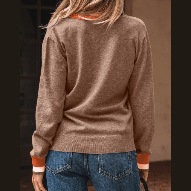 Maxen Brown Contrast Striped Trim V Neck Drop Shoulder Sweater