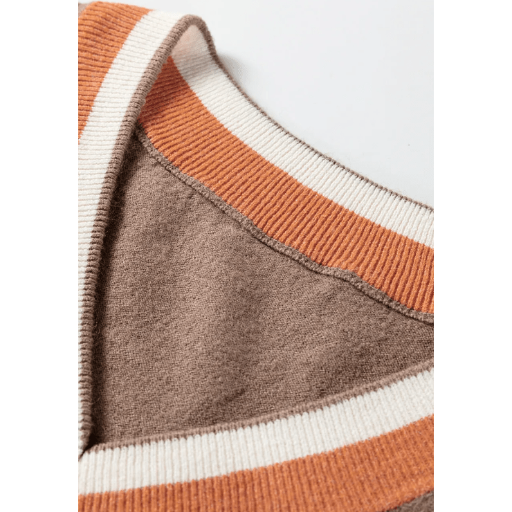 Maxen Brown Contrast Striped Trim V Neck Drop Shoulder Sweater