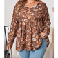 Laci Khaki Floral Textured Tied Neck Long Sleeve Plus Size Babydoll Blouse