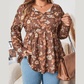 Laci Khaki Floral Textured Tied Neck Long Sleeve Plus Size Babydoll Blouse