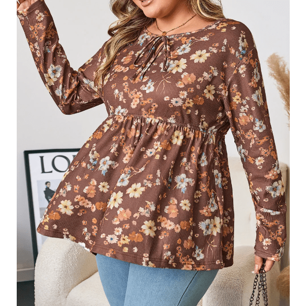 Laci Khaki Floral Textured Tied Neck Long Sleeve Plus Size Babydoll Blouse