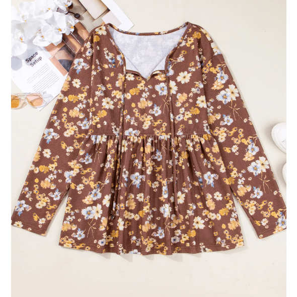 Laci Khaki Floral Textured Tied Neck Long Sleeve Plus Size Babydoll Blouse