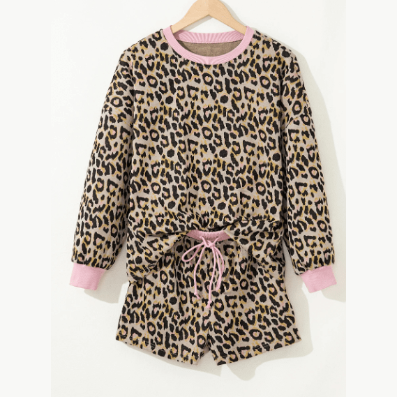 Keisha Pink Leopard Print Contrast Edge Long Sleeve Pullover Shorts Set