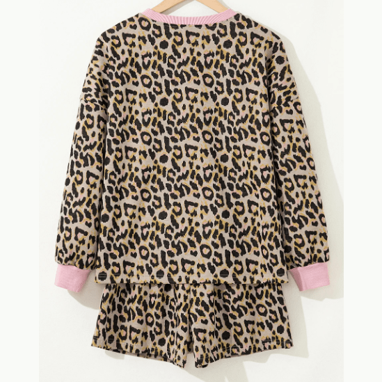 Keisha Pink Leopard Print Contrast Edge Long Sleeve Pullover Shorts Set