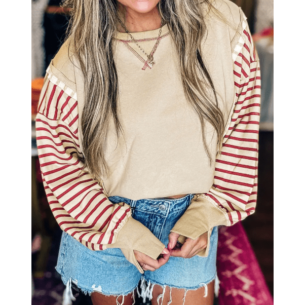 Tatum Red Stripe Sleeve Patchwork Casual Knit Top