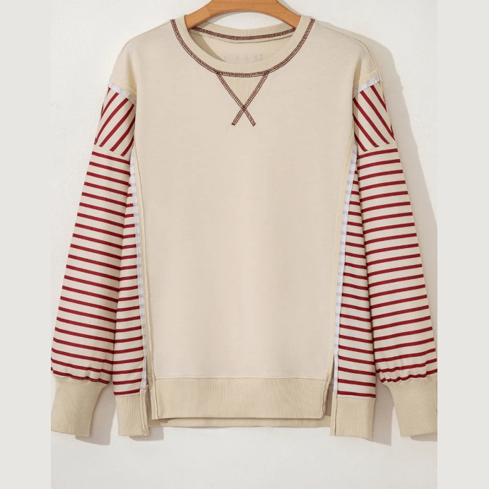Tatum Red Stripe Sleeve Patchwork Casual Knit Top