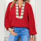 Vera Racing Red Contrast Plaid Patchwork V Neck Long Sleeve Blouse