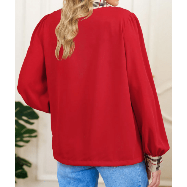 Vera Racing Red Contrast Plaid Patchwork V Neck Long Sleeve Blouse