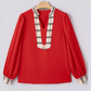 Vera Racing Red Contrast Plaid Patchwork V Neck Long Sleeve Blouse