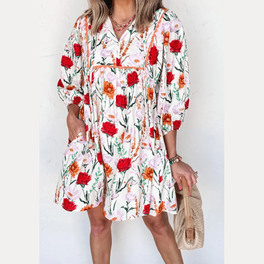 Beulah Floral Print 3/4 Puff Sleeve Ricrac Trim Mini Dress
