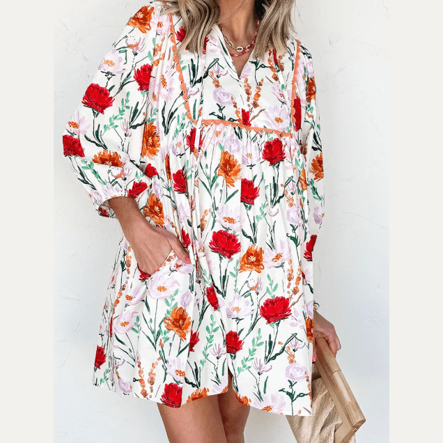 Beulah Floral Print 3/4 Puff Sleeve Ricrac Trim Mini Dress