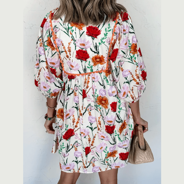 Beulah Floral Print 3/4 Puff Sleeve Ricrac Trim Mini Dress