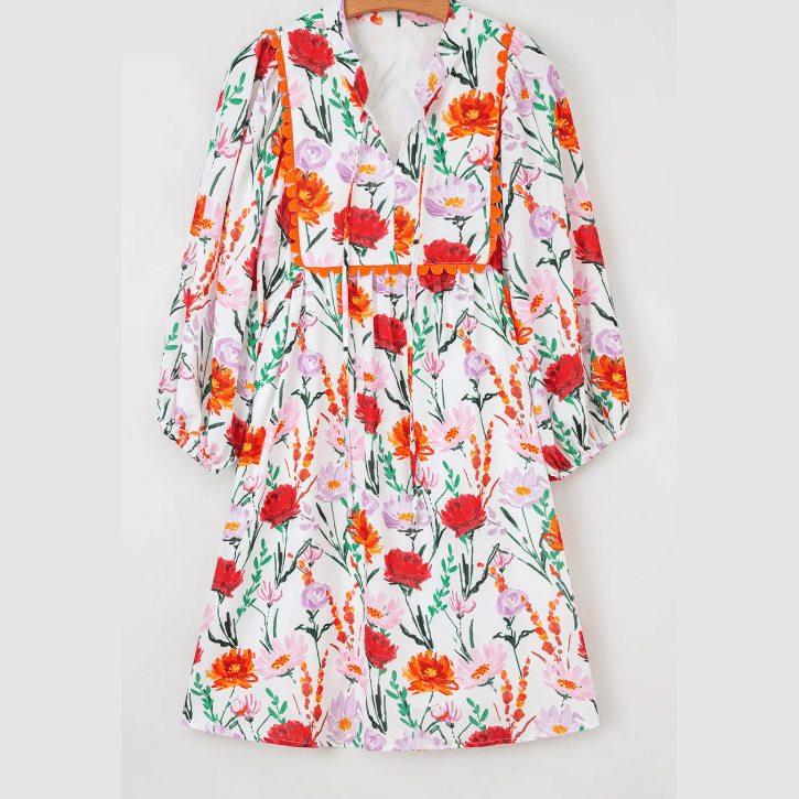 Beulah Floral Print 3/4 Puff Sleeve Ricrac Trim Mini Dress