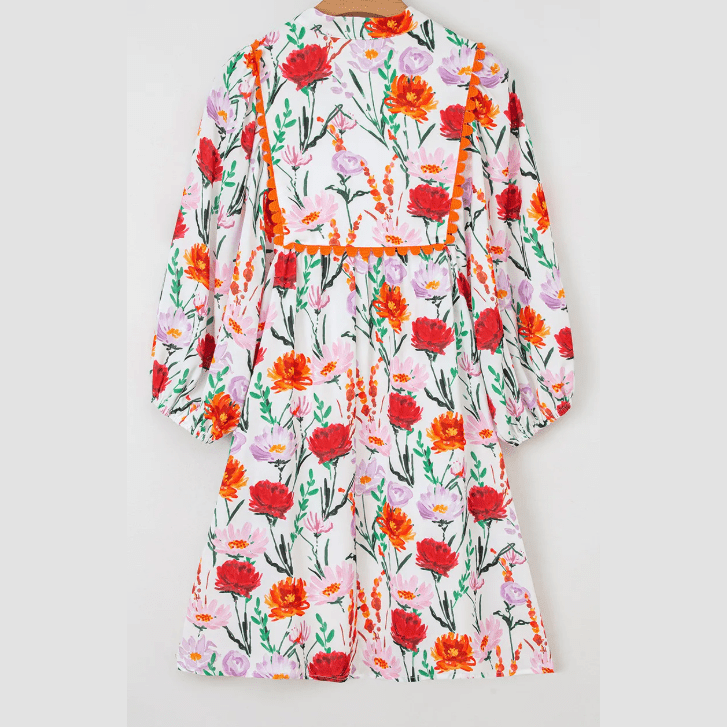 Beulah Floral Print 3/4 Puff Sleeve Ricrac Trim Mini Dress