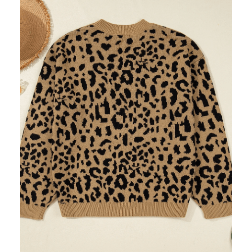 Tynice Light French Beige Ribbed Trim Round Neck Leopard Drop Shoulder Sweater